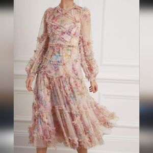 Needle&thread Diamond Ruffle Floral Multicolor Midi Dress Mesh Sleeve Us14